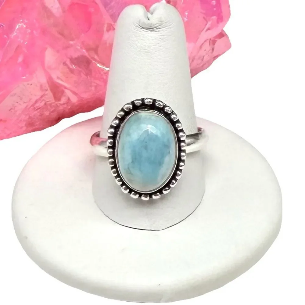 Larimar Ring Size 10 925 Sterling Silver Overlay Natural Stone Blue Oval Boho - Picture 1 of 9